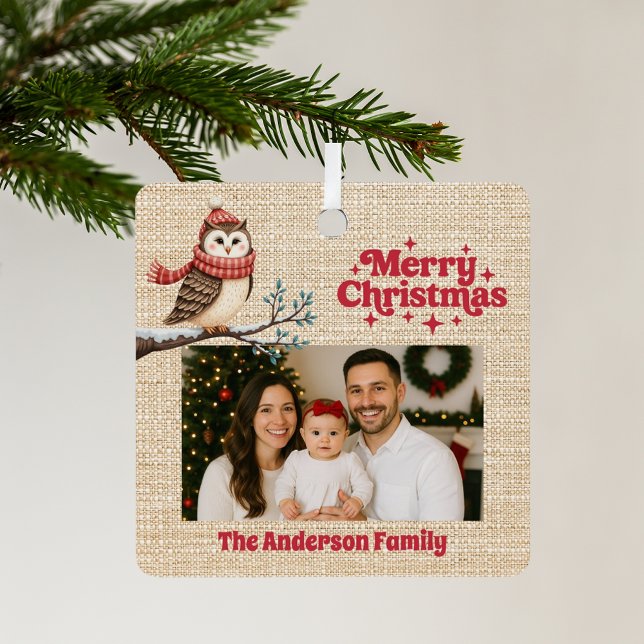 Adorno Metálico Feliz Navidad foto roja beige burlap owa (Subido por el creador)