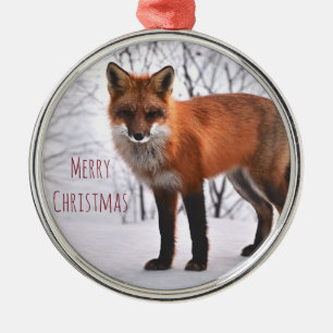 Adorno Metálico Feliz Navidad, Fox De Invierno En Nieve
