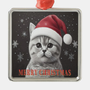 Adorno Metálico Feliz Navidad, gato británico de shorthair, Santa 