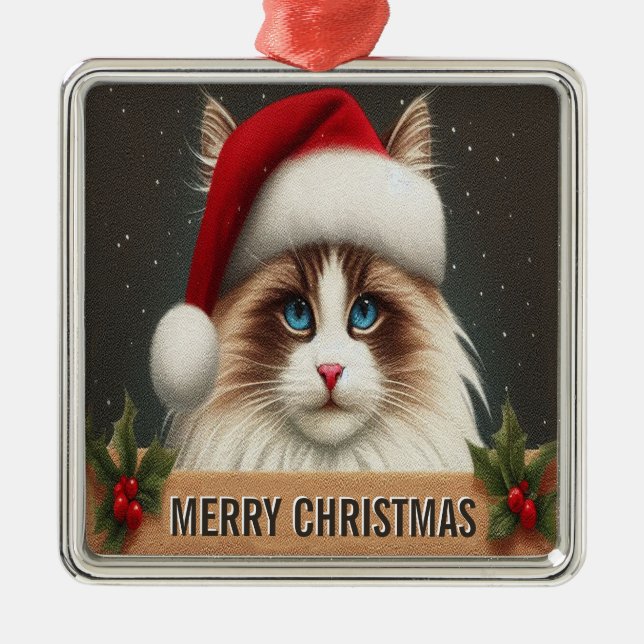 Adorno Metálico Feliz Navidad Gato Ragdoll, Navidad Santa Ragdoll (Frente)