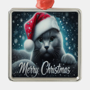Adorno Metálico Feliz Navidad Gato ruso azul, Navidad Gato Santa