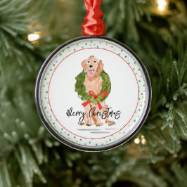 Adorno Metálico Feliz Navidad Golden Retriever Dog Wreath Holly