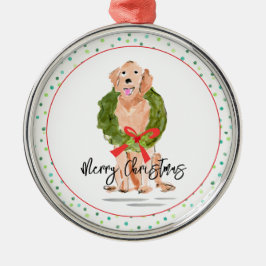 Adorno Metálico Feliz Navidad Golden Retriever Dog Wreath Holly