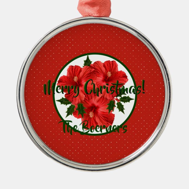 Adorno Metálico Feliz Navidad Hibiscus Holly Holiday Round (Frente)