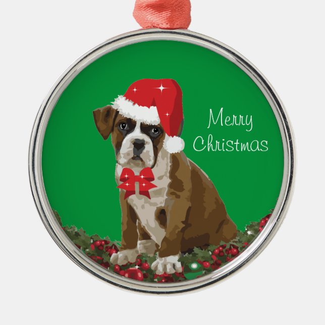 Adorno Metálico Feliz navidad lindo Boxer Perro Navidad Santa Hat (Frente)