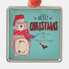 Adorno Metálico Feliz Navidad- oso de Navidad y texto editable sob