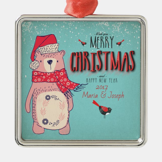 Adorno Metálico Feliz Navidad- oso de Navidad y texto editable sob (Frente)