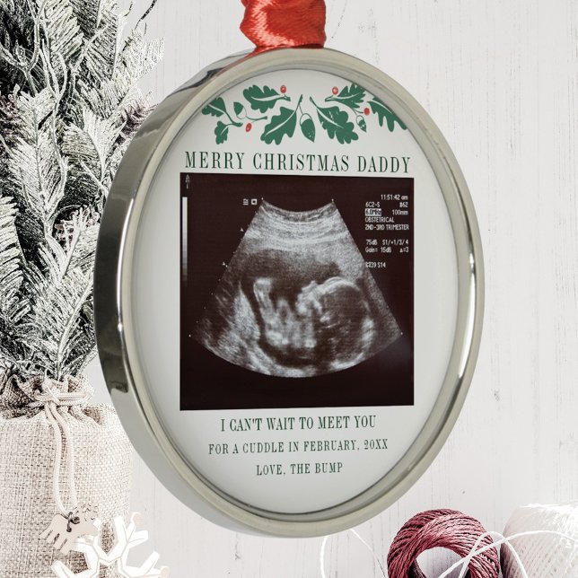Adorno Metálico Feliz Navidad Papi Embarazo Ultrasonido Bebé (Botanical Pregnancy Announcement Sonogram Metal Ornament)