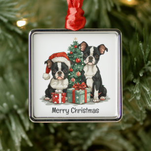 Adorno Metálico Feliz Navidad Perros Terrier de Boston