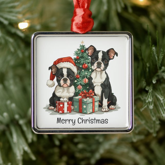Adorno Metálico Feliz Navidad Perros Terrier de Boston (Árbol)