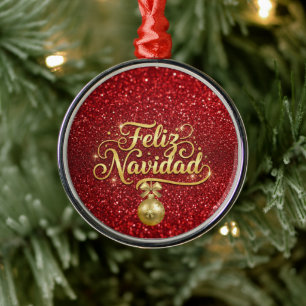 Adorno Metálico Feliz Navidad, purpurina roja,