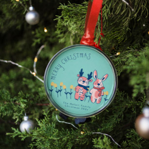 Adorno Metálico Feliz Navidad - Reno y Conejito en Verde Turquesa