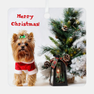 Adorno Metálico Feliz Navidad Santa Yorkie con árbol de Navidad