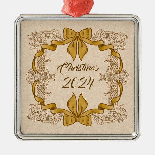 Adorno Metálico Feliz Navidad Vintage Gold Bow (Frente)