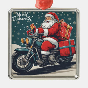 Adorno Metálico Feliz Navidad Vintage Santa en motocicleta