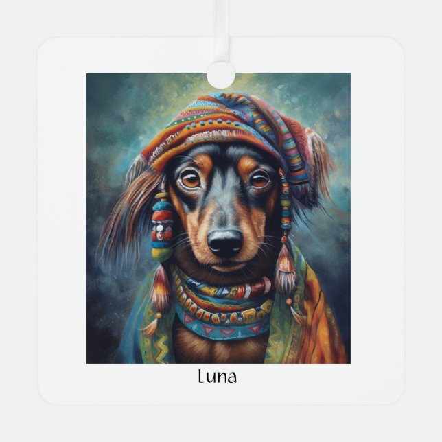 Adorno Metálico Feliz personalizable Hippie Dachshund (Anverso)