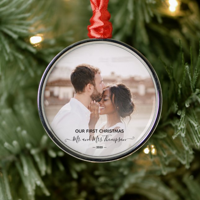 Adorno Metálico First Christmas Photo Mr Mrs  Script Newlyweds  (Árbol)