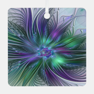 Adorno Metálico Flor Abstracta Moderna Fractal Verde Púrpura