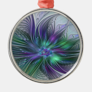 Adorno Metálico Flor Abstracta Moderna Fractal Verde Púrpura
