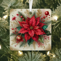 Flor de Poinsettia Roja de Navidad con Brillo Dora