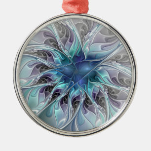 Adorno Metálico Flor Fractal Moderna Con Azul
