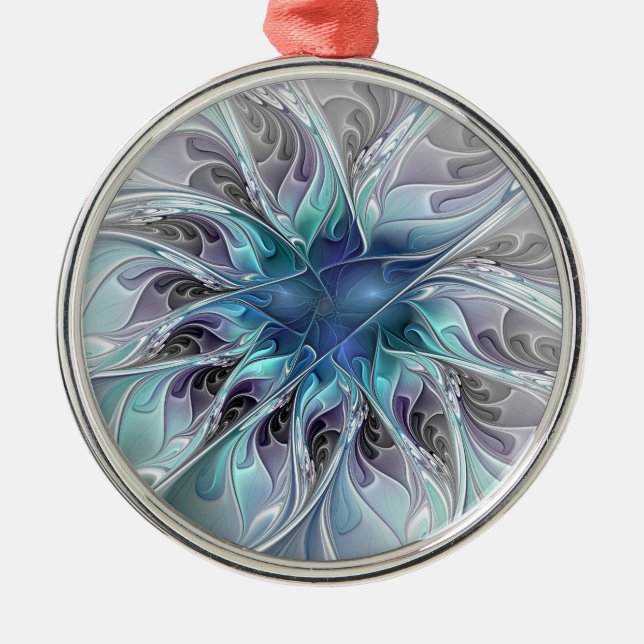 Adorno Metálico Flor Fractal Moderna Con Azul (Frente)