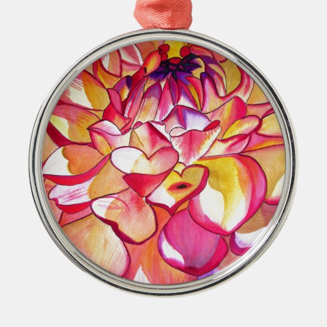 Adorno Metálico Flor rosa de Dahlia acuarela arte fino (Frente)