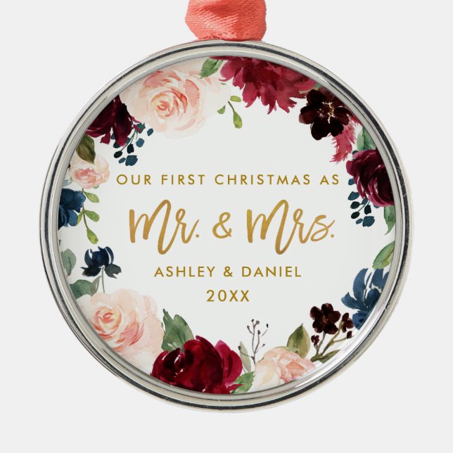 Adorno Metálico Flora de acuarela Gold Script Primera Navidad (Frente)