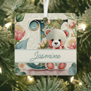 Adorno Metálico FLoral Teddy Bear letra J personalizada