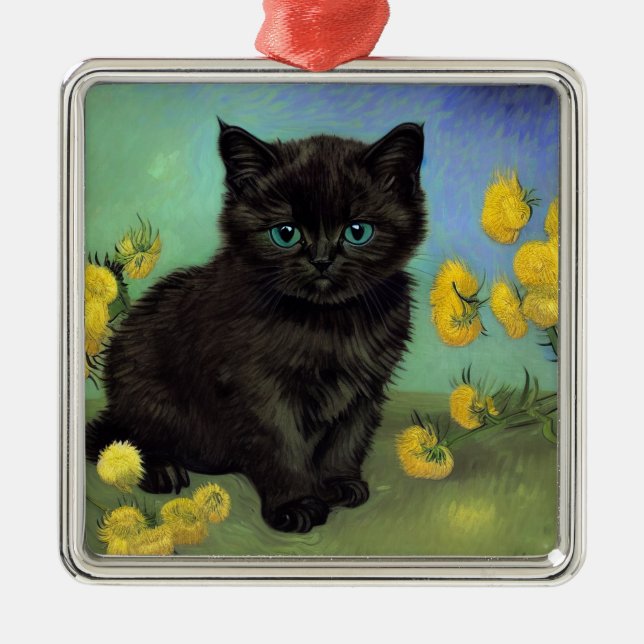 Adorno Metálico Flores amarillas de gato negro Van Gogh (Frente)