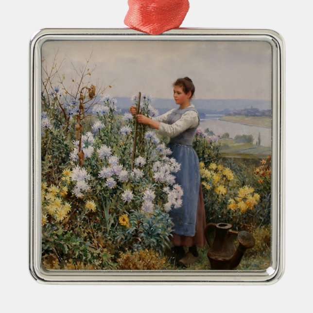 Adorno Metálico Flores de crisantemo (Chica en el jardín) (Frente)
