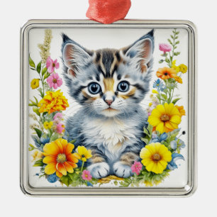 Adorno Metálico Flores de gatito acuarela Navidad