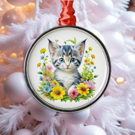 Adorno Metálico Flores de gatito de acuarela Navidad