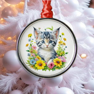 Adorno Metálico Flores de gatito de acuarela Navidad