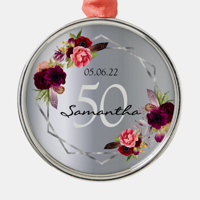 Adorno Metálico Flores de plata de cumpleaños geométricas burgundy (Frente)