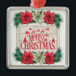 Adorno Metálico Flores de Poinsettia de Feliz Navidad<br><div class="desc">Tarjeta postal de Feliz Navidad</div>