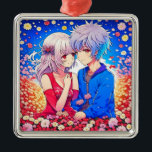 Adorno Metálico Flores y corazones de amor de parejas animales<br><div class="desc">Chica de anime y niño de color rojo y azul,  rodeado de corazones y flores.</div>