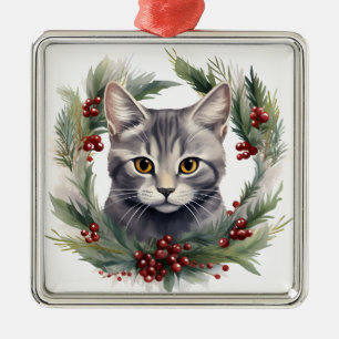ADORNO METÁLICO FLUFFY WATERCOLOR HOLIDAY NAVIDADES GRAY CAT