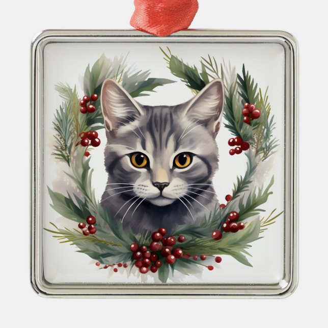 ADORNO METÁLICO FLUFFY WATERCOLOR HOLIDAY NAVIDADES GRAY CAT (Frente)