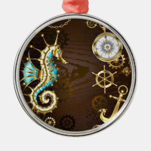 Adorno Metálico Fondo de madera con caballito de mar mecánico