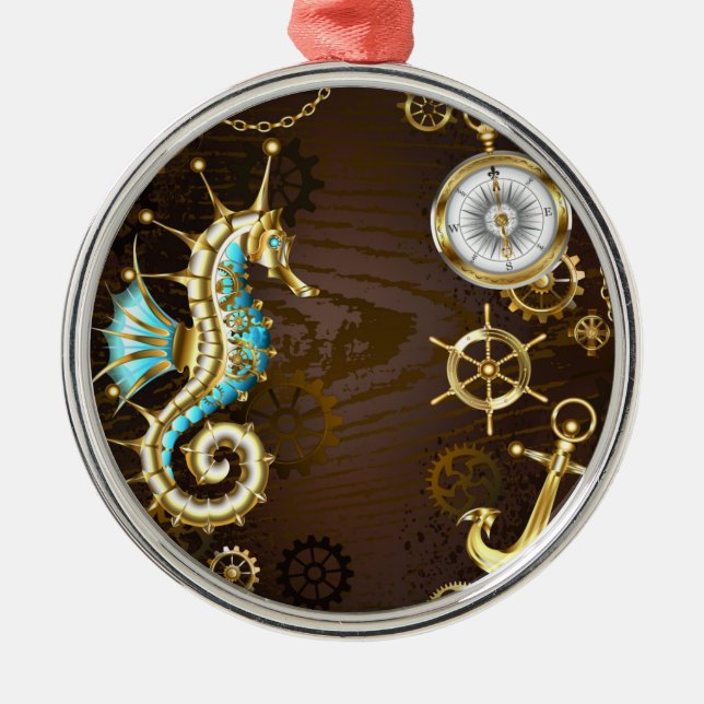 Adorno Metálico Fondo de madera con caballito de mar mecánico (Frente)