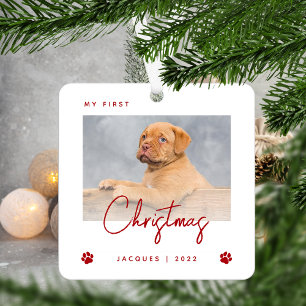 Adorno Metálico Foto adorable cachorro 1er Navidad Huellas de pata