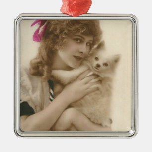 Adorno Metálico Foto antigua: mujer victoriana y perro