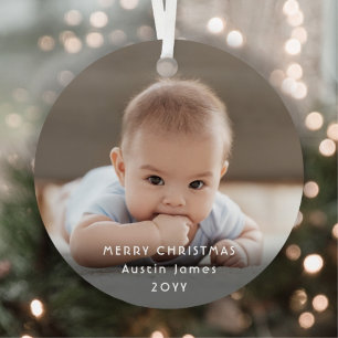 Adorno Metálico Foto de bebé Navidad Feliz Pijama Azul Oso