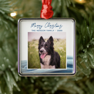 Adorno Metálico Foto de Border Collie Invierno Nieve Feliz Navidad