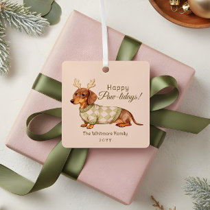 Adorno Metálico Foto de Dachshund con suéter navideño a cuadros