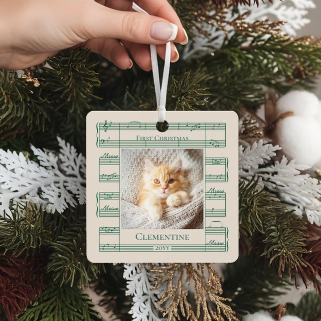 Adorno Metálico Foto de gato Primera Navidad Meow Meow Sheet Music (Cat Photo First Christmas Meow Meow Sheet Music Metal Ornament)