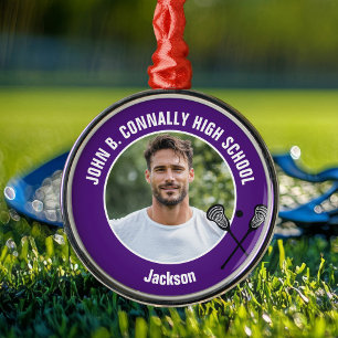 Adorno Metálico Foto de jugador de lacrosse morado Navidad de escu