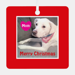 Adorno Metálico Foto de la mamá roja de la navidad del perro blanc