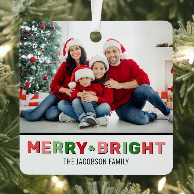 Adorno Metálico Foto De Los Navidades De Merry Y Bright (Photo Colorful Merry Bright Christmas Metal Ornament )